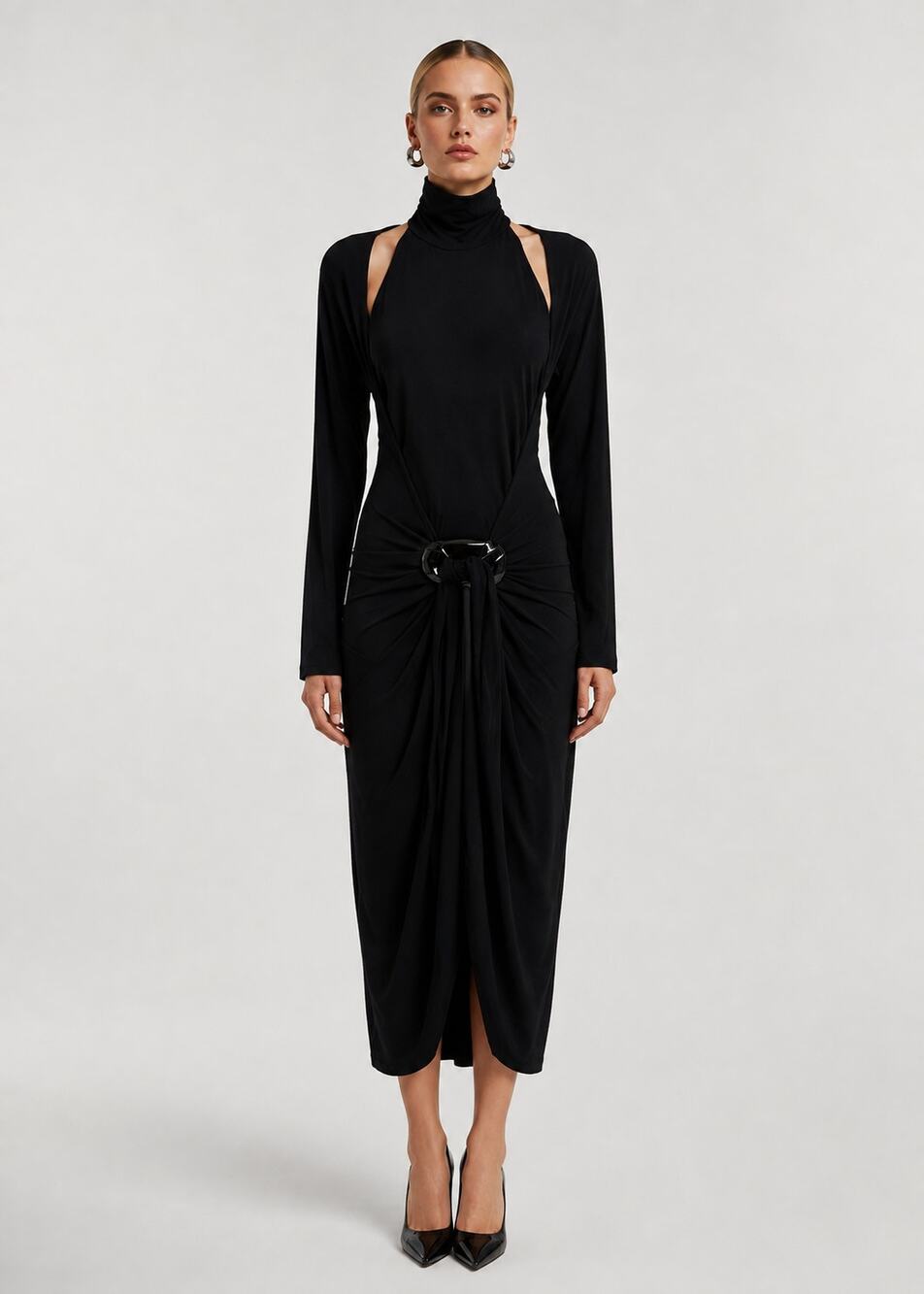 Donna Karan Collection Jersey Turtleneck Dress Cutout Long Sleeve Midi Maxi